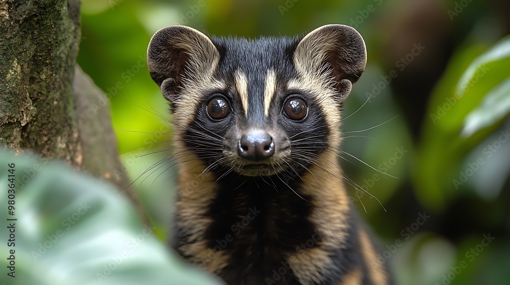 A close-up portrait of a curious-looking civet with large ears and dark eyes, peering out from behind lush green foliage. A close-up portrait of a curious-looking civet with large ears and dark eyes, peering out from behind lush green foliage.