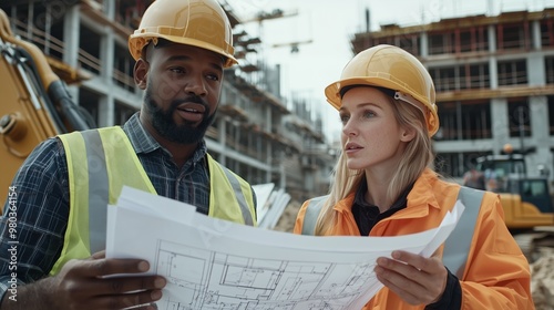 Two multi-ethnic construction engineers wearing hard hats and reflective vests discuss building plans at a construction site, holding blueprints with machinery in the background.