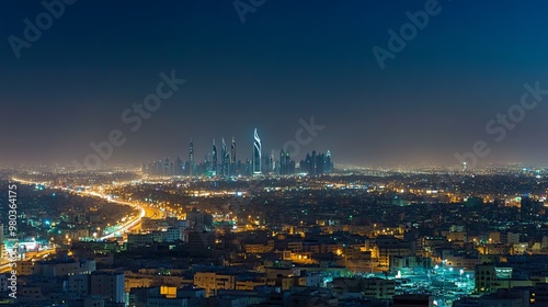 Nighttime aerial panorama of downtown Riyadh Saudi Arabia