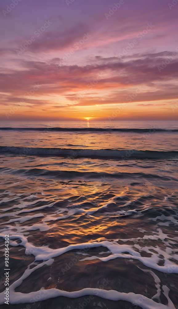 Obraz premium A serene sunset over a calm ocean, with soft waves gently lapping the shore, and the sky transitioning from warm oranges and pinks to deep purples.