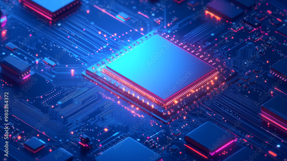 Futuristic microchip processor with illumination on a blue background. Quantum computing, large-scale data processing, and database concept. Isometric CPU banner. Central computer processors . Futuristic microchip processor with illumination on a blue background. Quantum computing, large-scale data processing, and database concept. Isometric CPU banner. Central computer processors .