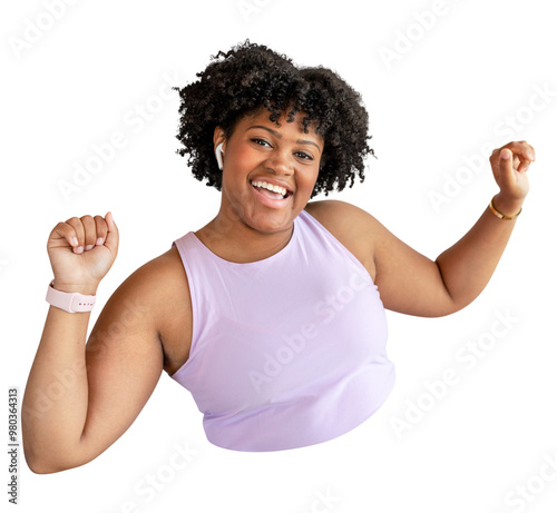 Png black woman enjoying workout music sticker, transparent background photo