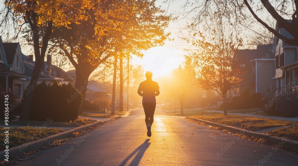 A sunrise over a quiet neighborhood, with a person jogging down the street, representing the fresh start that comes with alcohol recovery A sunrise over a quiet neighborhood, with a person jogging down the street, representing the fresh start that comes with alcohol recovery