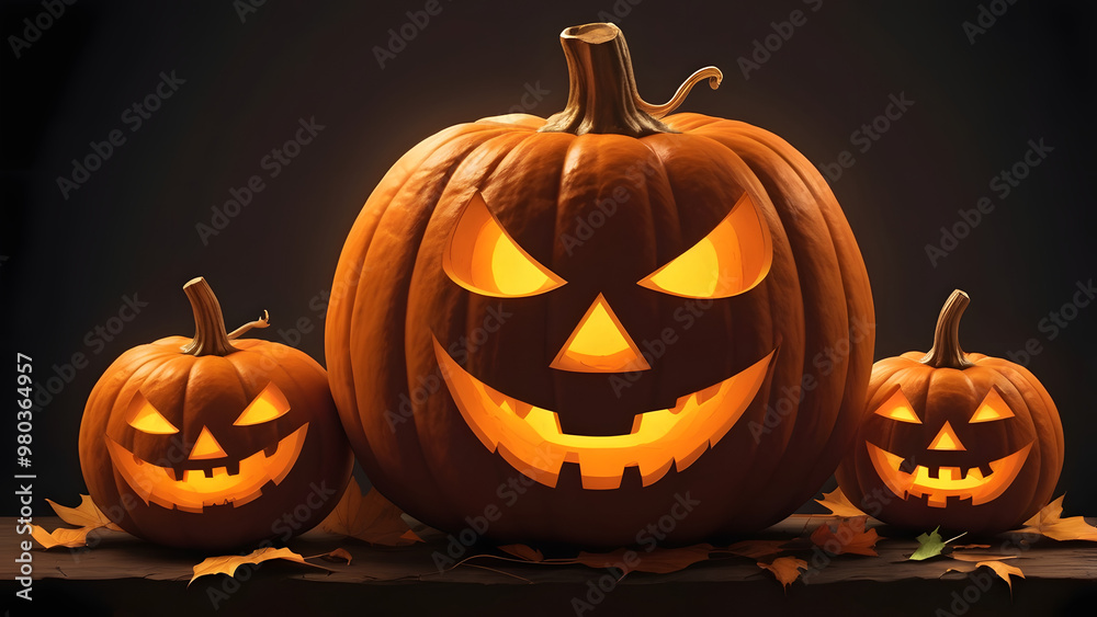 Fototapeta premium Halloween pumpkin background featuring spooky jack-o-lanterns on a black backdrop, perfect for autumn celebrations