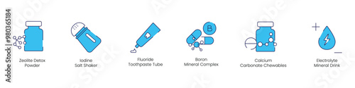 Zeolite Detox, Iodine, Fluoride, Boron, Calcium, and Electrolyte Vector Icons for Comprehensive Health Support