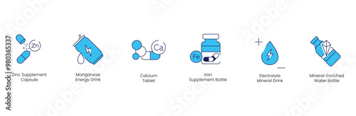 Zinc Supplement Capsule, Manganese Energy Drink, Calcium, Iron, Electrolyte, and Mineral-Enriched Water Bottle Vector Icons for Wellness and Health
