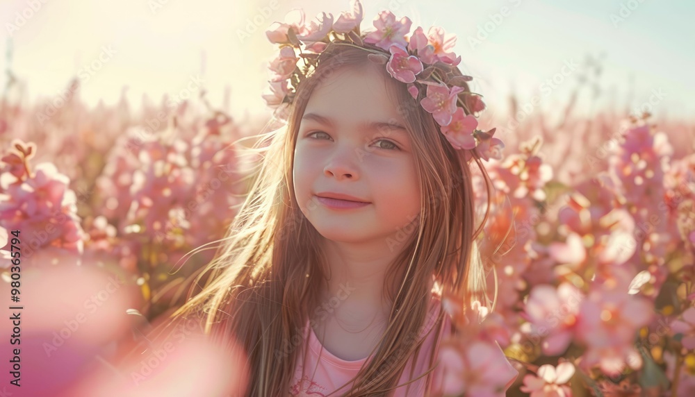 Portrait of a young girl in a field of pink flowers Portrait of a young girl in a field of pink flowers