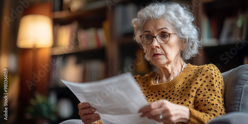 Elderly woman reading a document at home, generative AI