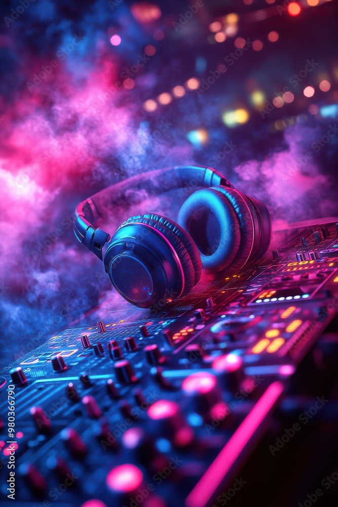 Colorful DJ headphones on DJ console in the background of a fuzzy smoky dark nightclub