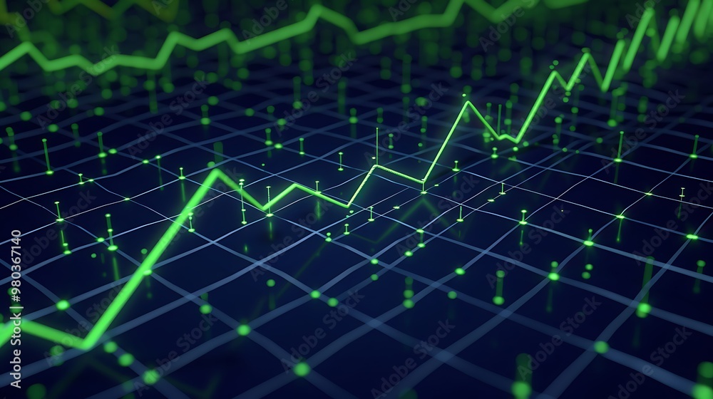 Financial profit graph with green lines climbing on a dark blue grid. Financial profit graph with green lines climbing on a dark blue grid.