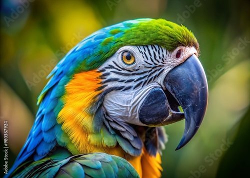 Vibrant colorful macaw parrot's close-up portrait with striking blue, green, and yellow feathers, looking straight into the camera with a curious gaze, ample copy space.