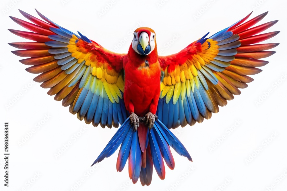 Obraz premium Vibrant scarlet macaw spreads wide wings, flaunting stunning array of red, blue, and yellow feathers against crisp white background, showcasing majestic beauty.