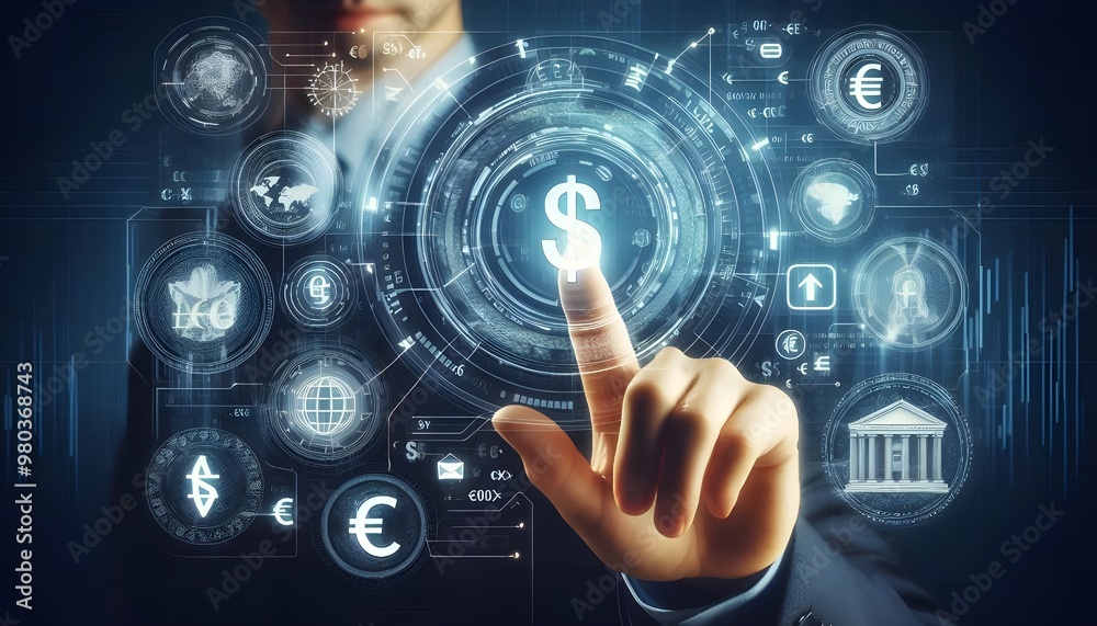 Fototapeta premium Online banking and digital money concept with man finger on virtual touch screen interface with central bank layout surrounded currency signs: dollar, euro, ruble and yen on abstract background