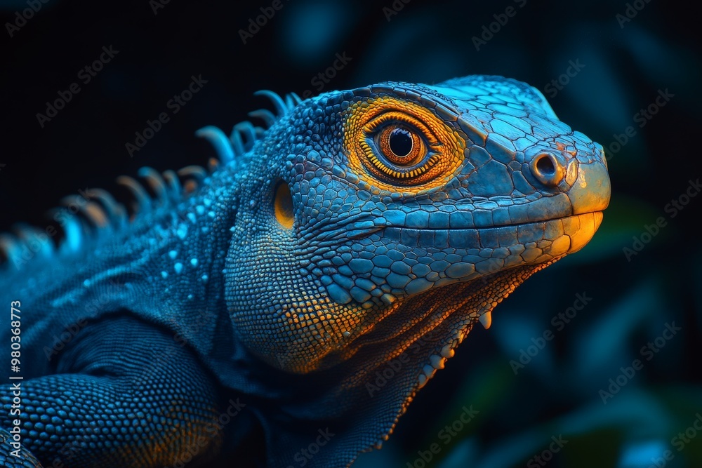 Fototapeta premium Vibrant Blue Iguana with Piercing Gaze