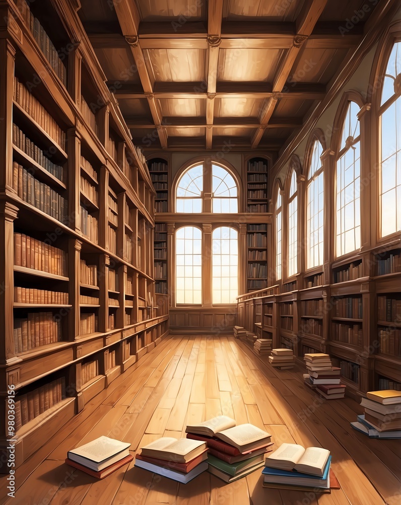 Quiet library aisle with wooden floors and scattered books Quiet library aisle with wooden floors and scattered books
