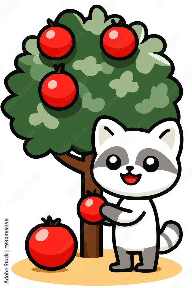 Fototapeta premium Cute Raccoon Picking Red Apples from a Tree