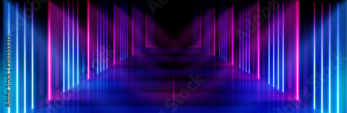 Neon light corridor background. Abstract led and laser stage in futuristic club room. Empty dance concert hall for fashion party. Cyber interior bg with catwalk and glow line in pink and blue.