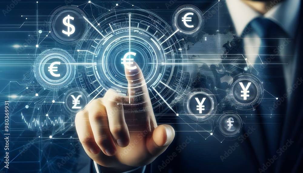 Online banking and digital money concept with man finger on virtual touch screen interface with central bank layout surrounded currency signs: dollar, euro, ruble and yen on abstract background Online banking and digital money concept with man finger on virtual touch screen interface with central bank layout surrounded currency signs: dollar, euro, ruble and yen on abstract background