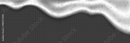 Beer or soap white flowing foam border on transparent background. Realistic 3d vector illustration of foamy frame with bubbles. Shampoo or detergent froth drips down. Brewery drink fuzzy edge bg.