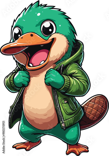 platypus wearing green jacket and excited 