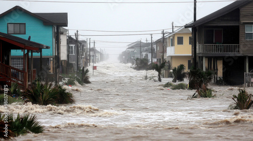 A flooded street with houses in the background. Scene is one of destruction and chaos