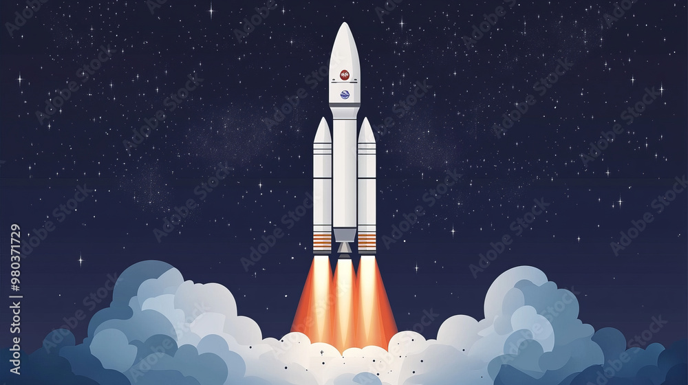 Heavy reusable rocket from the USA. Falcon in space. Launch, stage separation, and landing. Vector flight diagram. Infographic flight depiction. Heavy reusable rocket from the USA. Falcon in space. Launch, stage separation, and landing. Vector flight diagram. Infographic flight depiction.