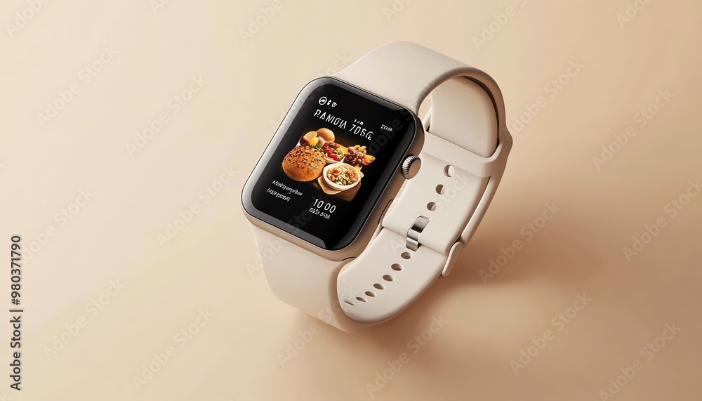 Beige Smartwatch with Food Image Displayed on Screen Beige Smartwatch with Food Image Displayed on Screen