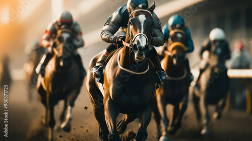 Two jockeys during horse races on his horses going towards finish line. Traditional European sport.