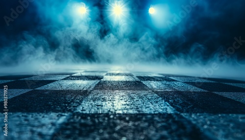 Checkered racetrack illuminated by bright spotlights at night
