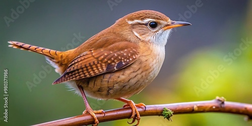 Delicate tiny songstress wren with brown back and white underside perches on a twig, its beautiful eyes and tiny beak captured in sharp focus. photo
