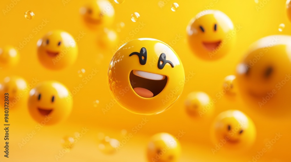 Vibrant Yellow Smiley Faces Rendering Playful Emotions in 3D Digital Background Vibrant Yellow Smiley Faces Rendering Playful Emotions in 3D Digital Background