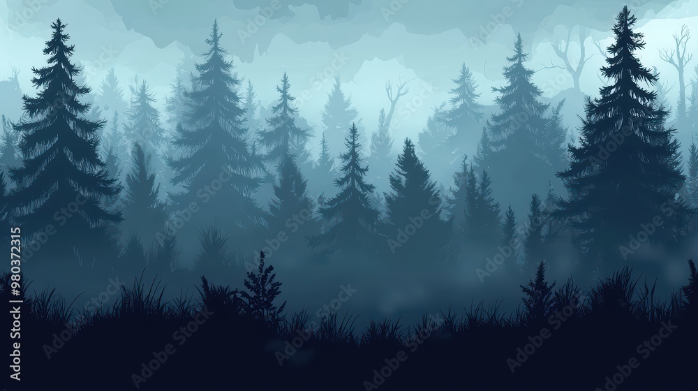 Obraz premium Dark Forest Silhouette Wallpaper. A silhouette of a dense forest with towering trees.