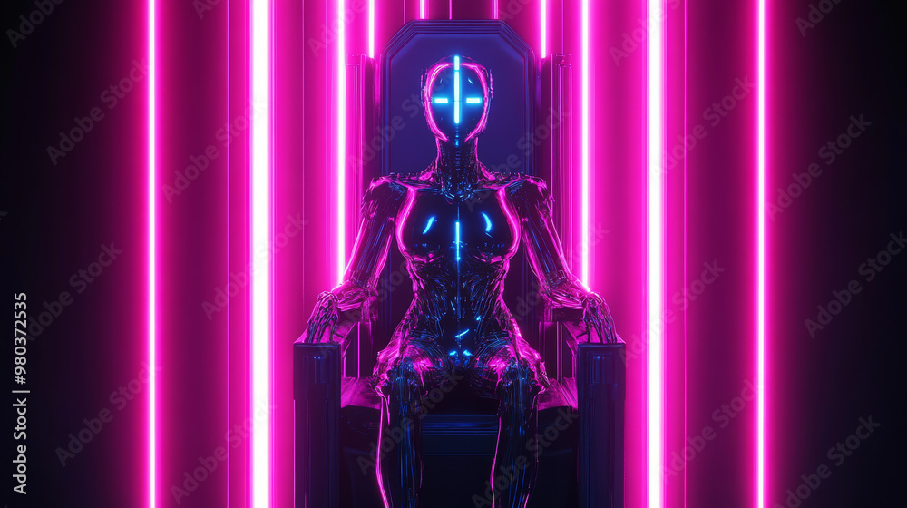 AI or artificial intelligence depicted as a female cyborg queen. Majestic robot woman sitting on a throne with a neon glow. Sci-fi illustration of an artificial intelligence computer neural network. AI or artificial intelligence depicted as a female cyborg queen. Majestic robot woman sitting on a throne with a neon glow. Sci-fi illustration of an artificial intelligence computer neural network.
