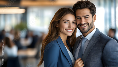 “A Young Couple in Business Attire Embracing and Smiling, Radiating Love and Joy in a Professional Environment” 