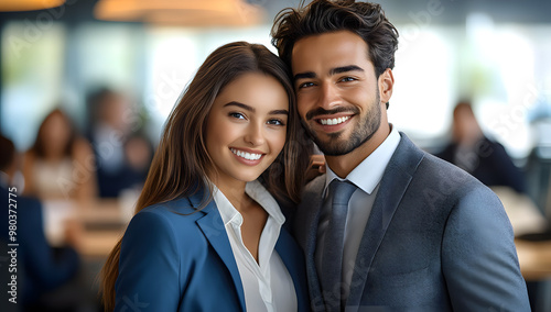 “A Young Couple in Business Attire Embracing and Smiling, Radiating Love and Joy in a Professional Environment” 