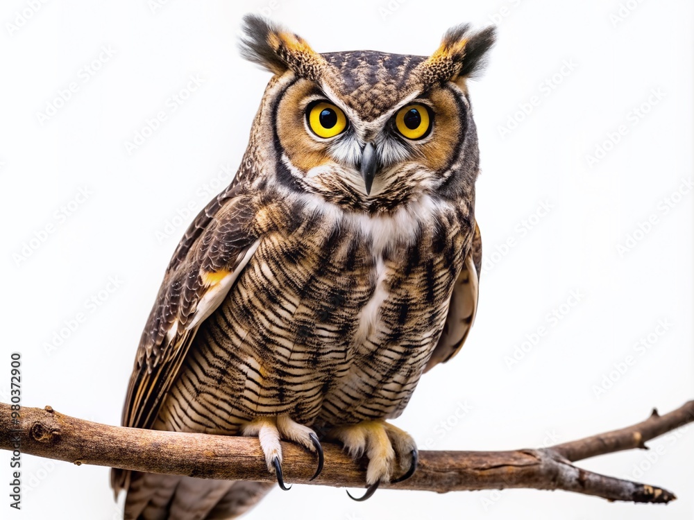 Fototapeta premium Majestic great horned owl with sharp talons and piercing yellow eyes perched on a branch, isolated on a pure white studio background.