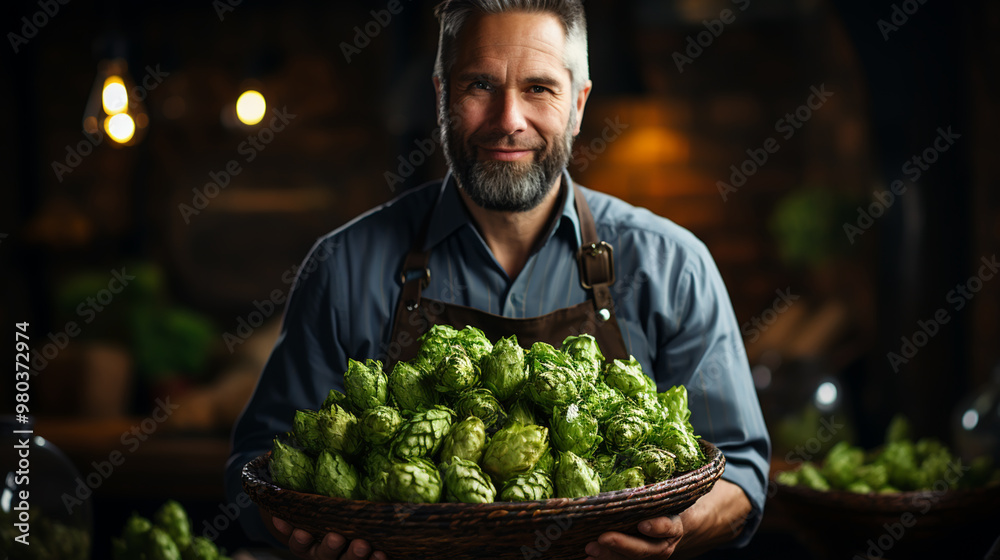 Green hops for beer. Man holding green hop cones. Green hops for beer. Man holding green hop cones.