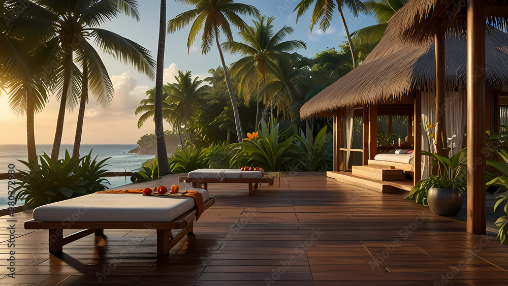 Fototapeta premium tropical beauty spa set in a lush jungle, with wooden walkways leading to private massage huts