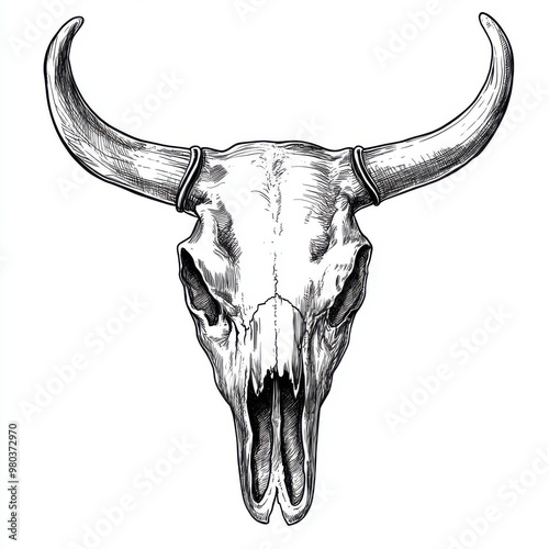 Black and white Vintage engraved art of a bull skull with longhorns, isolated on white background, ink sketch illustration, simple vector art design, highly detailed line art, high contrasty