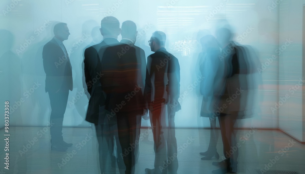 Blurred figures of business professionals networking in modern office space