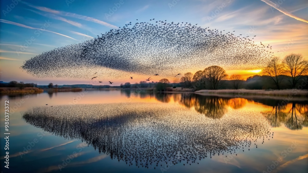 Obraz premium Murmuration of starlings forms mesmerizing patterns in the sky, casting a mirrored reflection on the calm lake water, creating a stunning natural symphony.