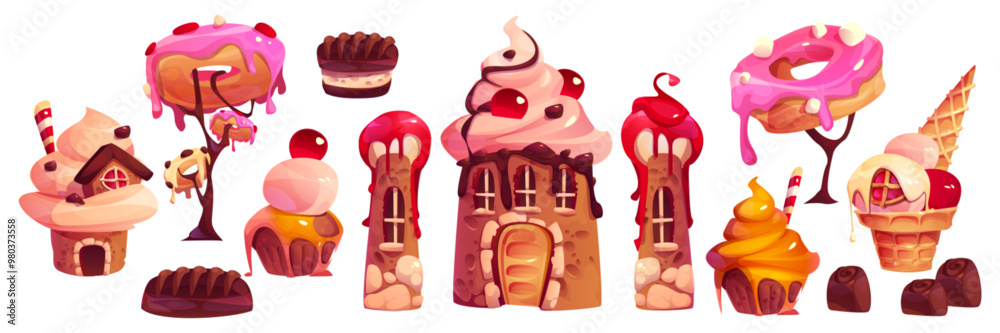 Sweet candy castle elements set isolated on white background. Vector cartoon illustration of cute gingerbread, biscuit, muffin houses decorated with pink ice cream, jam, chocolate, caramel, dream land Sweet candy castle elements set isolated on white background. Vector cartoon illustration of cute gingerbread, biscuit, muffin houses decorated with pink ice cream, jam, chocolate, caramel, dream land