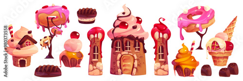 Sweet candy castle elements set isolated on white background. Vector cartoon illustration of cute gingerbread, biscuit, muffin houses decorated with pink ice cream, jam, chocolate, caramel, dream land