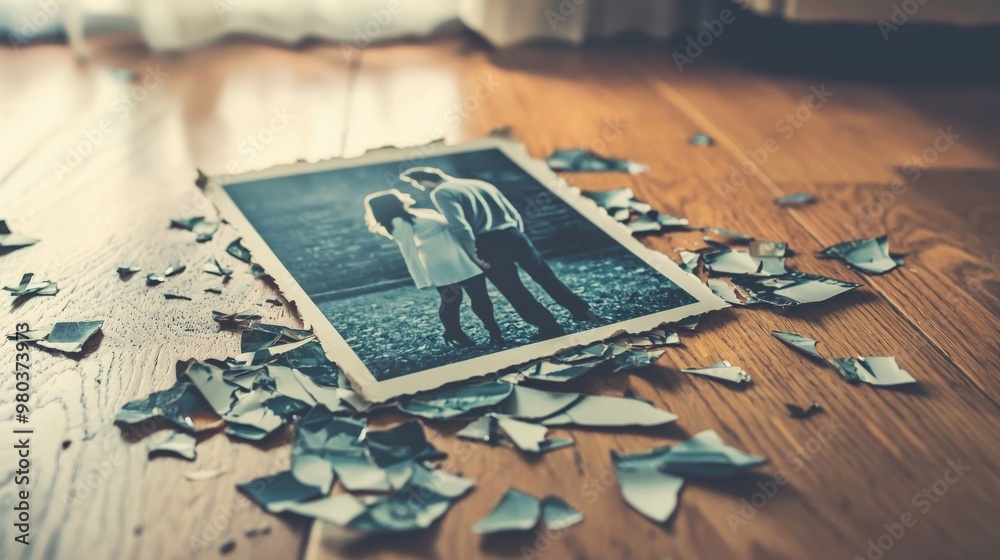Naklejka premium A torn photograph of a couple in happier times, the pieces lying scattered on a wooden floor, signifying the end of a once cherished relationship