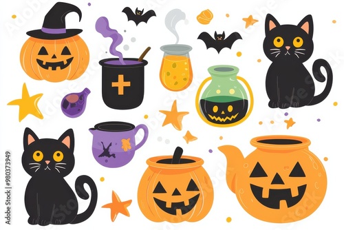 Colorful Halloween icons and illustrations with black cats, jack o' lanterns, potions, and other spooky decorations