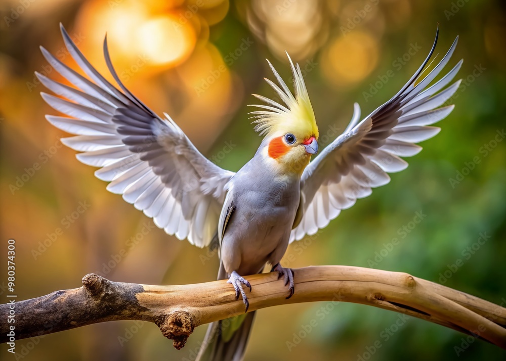 A beautiful, white and grey Cockatiel perches on a wooden branch, spreading its vibrant wings, showcasing its stunning plumage and curious, expressive face. A beautiful, white and grey Cockatiel perches on a wooden branch, spreading its vibrant wings, showcasing its stunning plumage and curious, expressive face.
