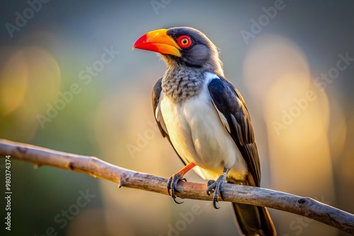 Vibrant yellow-billed oxpecker bird perched on a branch, its black and white feathers glisten in the light, against a clean transparent background with soft shadows. photo
