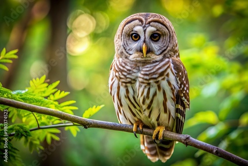 Majestic Barred Owl with distinctive striped feathers and piercing yellow eyes perches on a branch against a lush green background, evoking a sense of serenity.