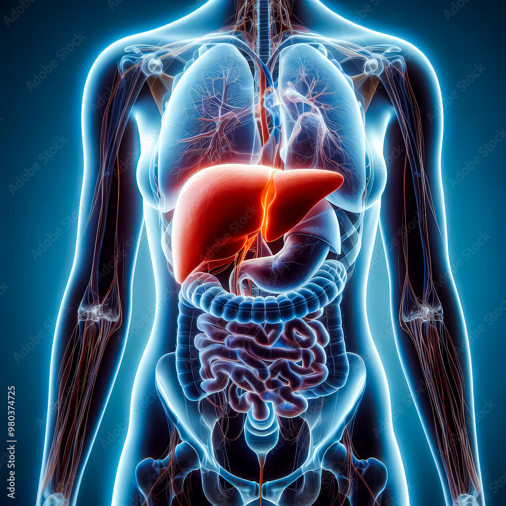 Anatomical illustration showing the location of the human liver ...