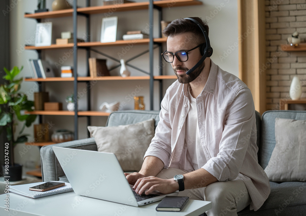 Cheerful man engaged in remote work in his cozy living room, wearing a headset and using a laptop, balancing productivity and comfort. Cheerful man engaged in remote work in his cozy living room, wearing a headset and using a laptop, balancing productivity and comfort.
